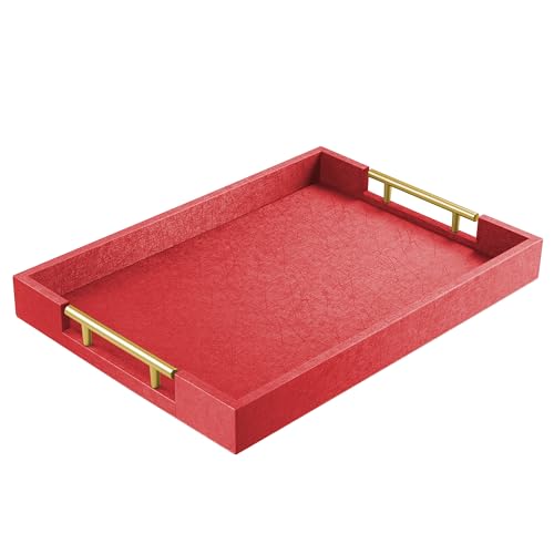 ATZYmolin 17"" x 12"" Wood Serving Tray with Gold Polished Metal Handles, Home Decorative Wooden Rectangle Ottoman Leather Decor Platter Bathroom Vanity Tray for All Occasions Red - Image 1