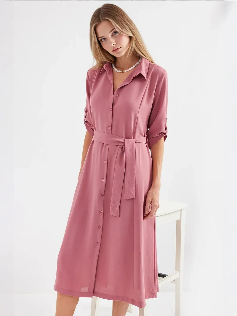 بيغ دارت فستان ميدي بنقوش بياقة قميص وربطة