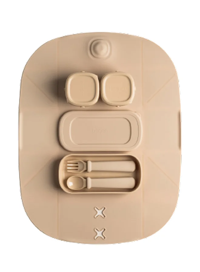 hegen PPSU Mealtime Starter Kit with Foldable Placemat Taupe - Silicone, Feeding Set, Safe for Baby, Travel-Friendly, Easy Cleanup - Includes 2x 60ml PPSU Storage, 1x Fork & Spoon Set, 1x Placemat