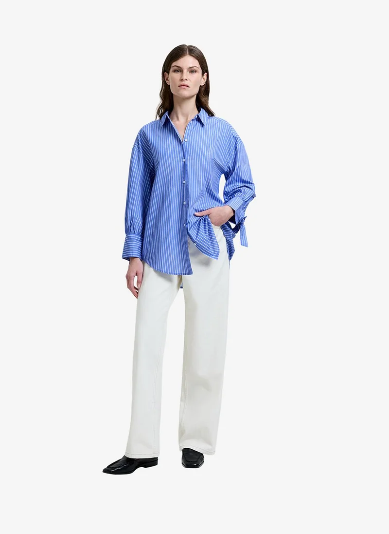 Women's Azure Blue/Linen Whi Cambria Cotton Striped Bow Shirt
