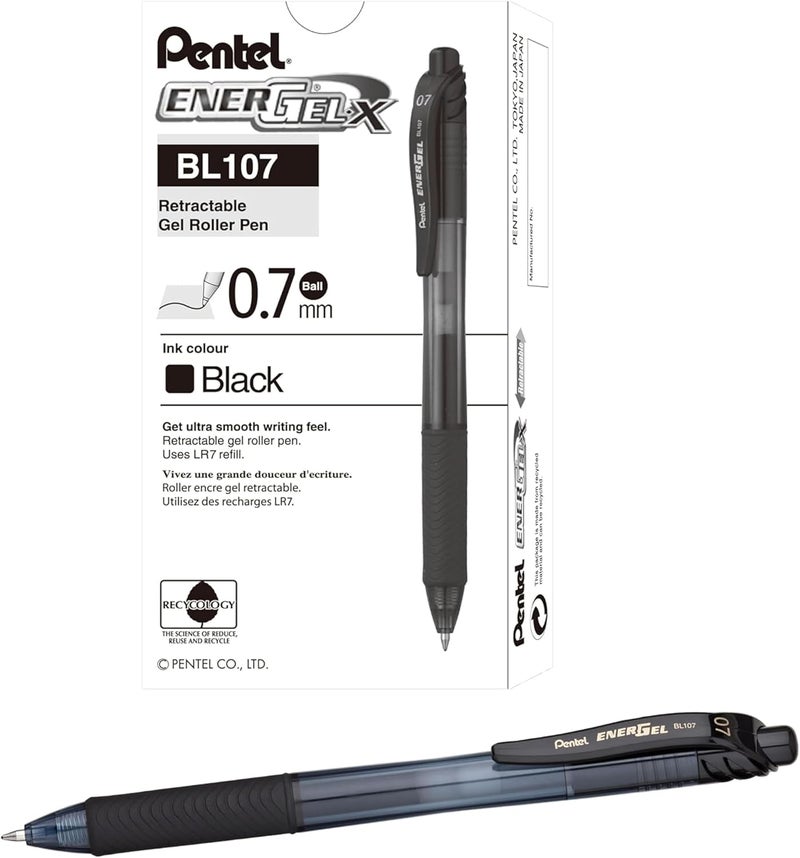 Pentel EnerGel-X Retractable Liquid Gel Pen, (0.7 mm), Medium Line, Black Ink, Box of 12 (BL107-A) - Image 1