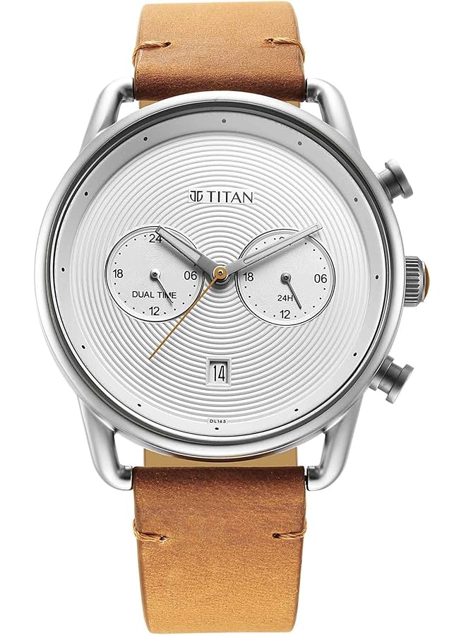 تيتان ساعة ريترو فضية بمينا بيضاء وحزام جلدي بني 1860Sl01 - Image 1