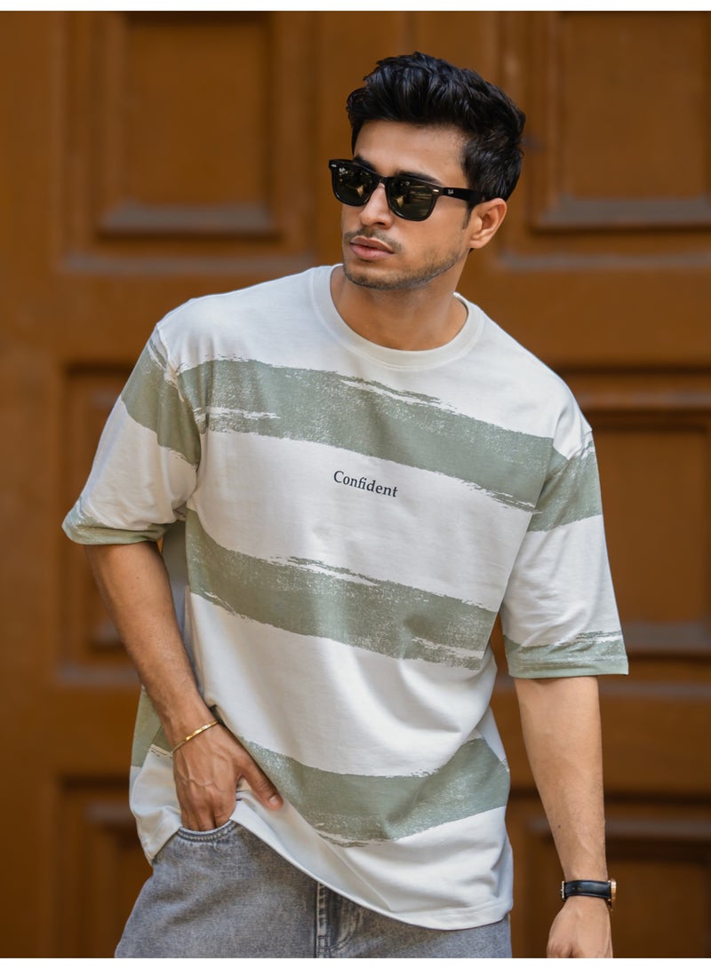 Maniac Mens Striped Round Neck 3/4th Sleeve Half White and Hunter Green Cotton T-Shirt - Image 2
