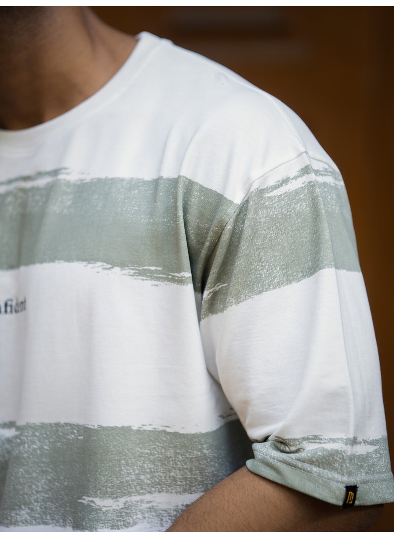 Maniac Mens Striped Round Neck 3/4th Sleeve Half White and Hunter Green Cotton T-Shirt - Image 3