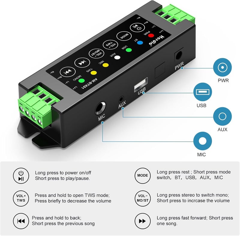 Herdio 4-Channel Amplifier Bluetooth 5.0 Amp Receiver 200W Power Output with 24V5A AC-DC Power Supply Wall Mounting,USB/MIC/AUX/TWS,for Home/Garage/Ceiling/Passive Speakers (40W Each Channel) - Image 4