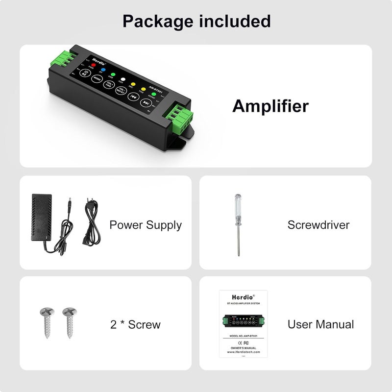 Herdio 4-Channel Amplifier Bluetooth 5.0 Amp Receiver 200W Power Output with 24V5A AC-DC Power Supply Wall Mounting,USB/MIC/AUX/TWS,for Home/Garage/Ceiling/Passive Speakers (40W Each Channel) - Image 5