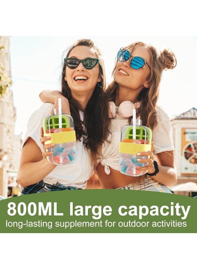 MOMENT MOMENT 2 in 1 Ice Cube Bottle with Straw Easy Press Ice Tray Water Bottle, Leak Proof Lid, Vertical Tray Perfect for Travel, Gym, Home - 800mL Green  - Image 3