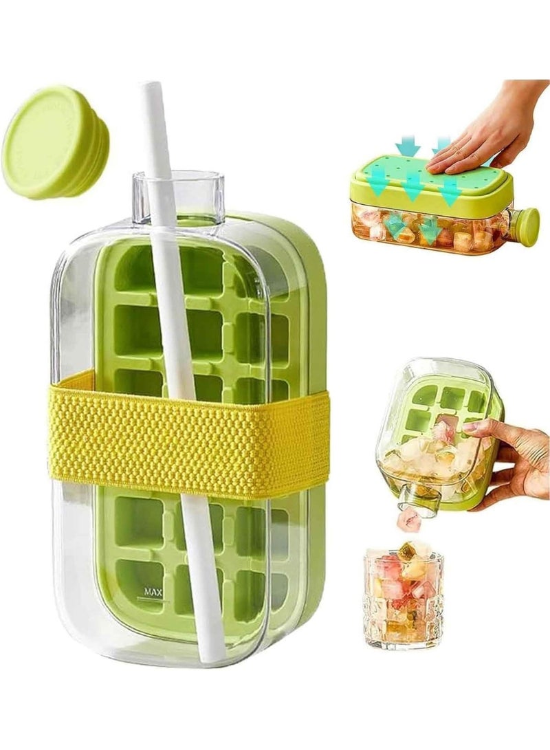 MOMENT MOMENT 2 in 1 Ice Cube Bottle with Straw Easy Press Ice Tray Water Bottle, Leak Proof Lid, Vertical Tray Perfect for Travel, Gym, Home - 800mL Green  - Image 1