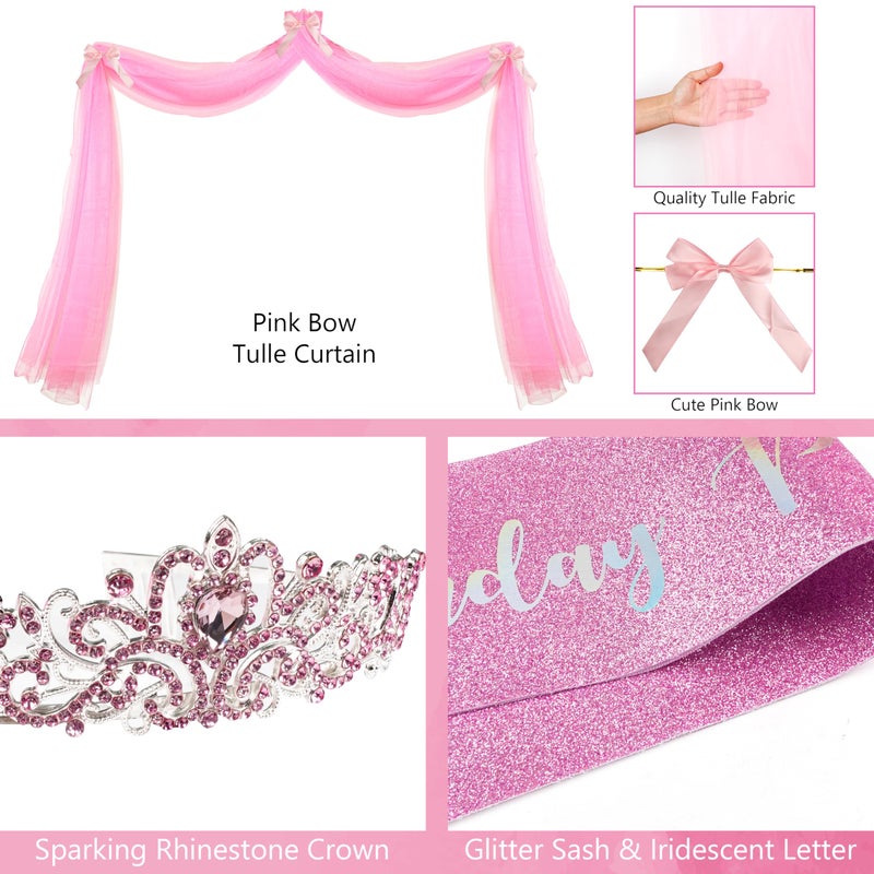THAWAY Princess Birthday Party Decorations, Pastel Floral Castle Party Supplies with Pink & Gold Balloon Arch Tulle Curtain Backdrop Banner Sash Crown Tablecloth Cake Topper for Girls Princess Party Decor - Image 5