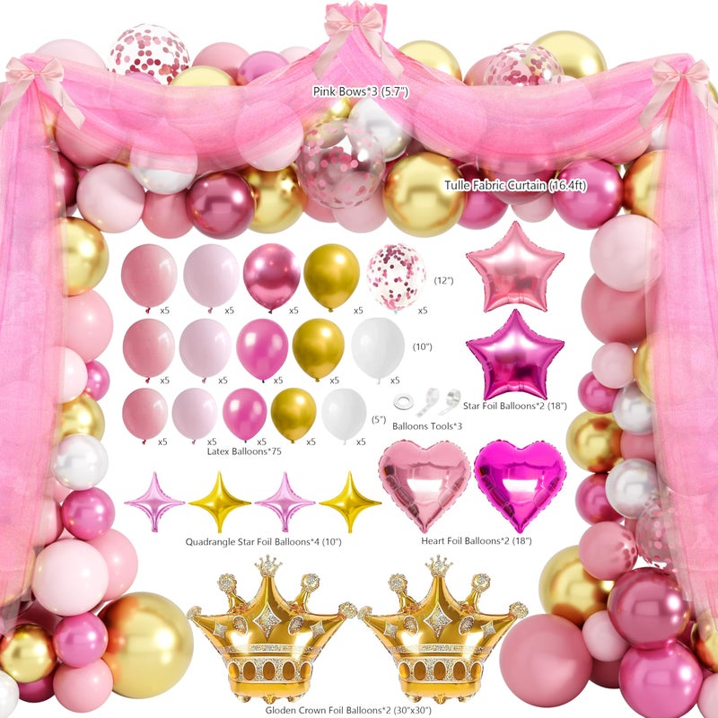 THAWAY Princess Birthday Party Decorations, Pastel Floral Castle Party Supplies with Pink & Gold Balloon Arch Tulle Curtain Backdrop Banner Sash Crown Tablecloth Cake Topper for Girls Princess Party Decor - Image 3