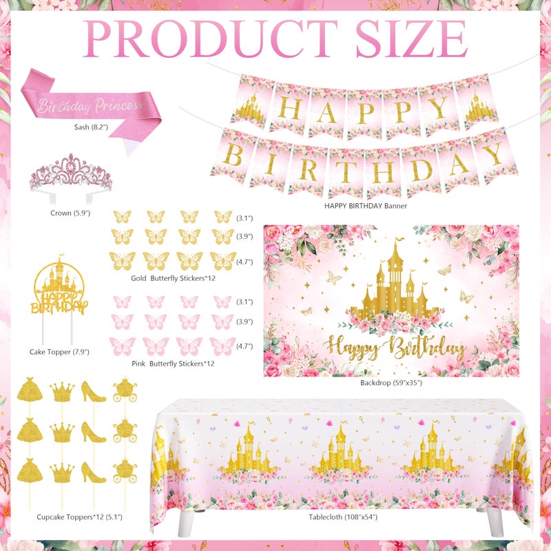 THAWAY Princess Birthday Party Decorations, Pastel Floral Castle Party Supplies with Pink & Gold Balloon Arch Tulle Curtain Backdrop Banner Sash Crown Tablecloth Cake Topper for Girls Princess Party Decor - Image 2