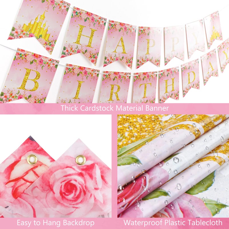 THAWAY Princess Birthday Party Decorations, Pastel Floral Castle Party Supplies with Pink & Gold Balloon Arch Tulle Curtain Backdrop Banner Sash Crown Tablecloth Cake Topper for Girls Princess Party Decor - Image 4
