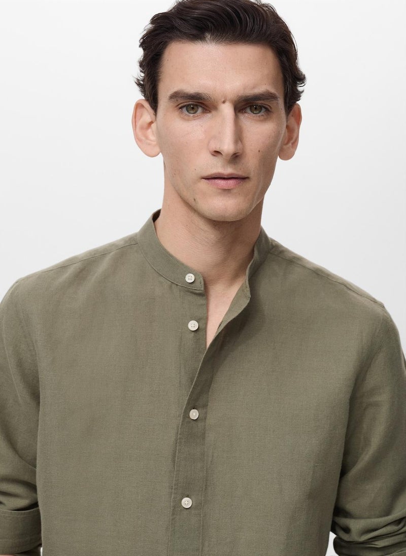 Mango Man Casual Mao Collar Linen Shirt  - Image 4