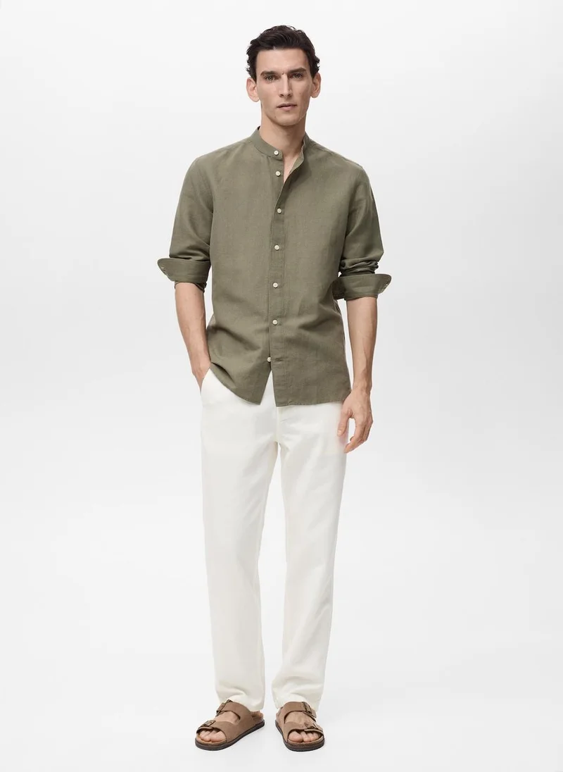 Mango Man Casual Mao Collar Linen Shirt