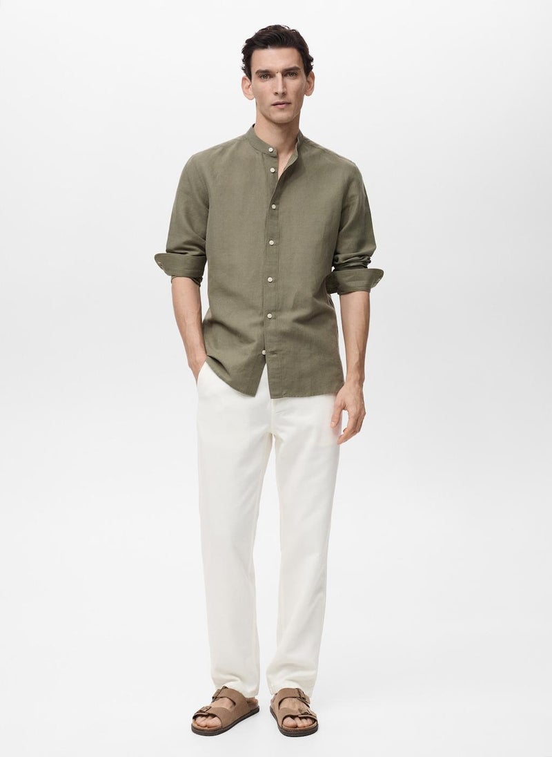 Mango Man Casual Mao Collar Linen Shirt  - Image 5