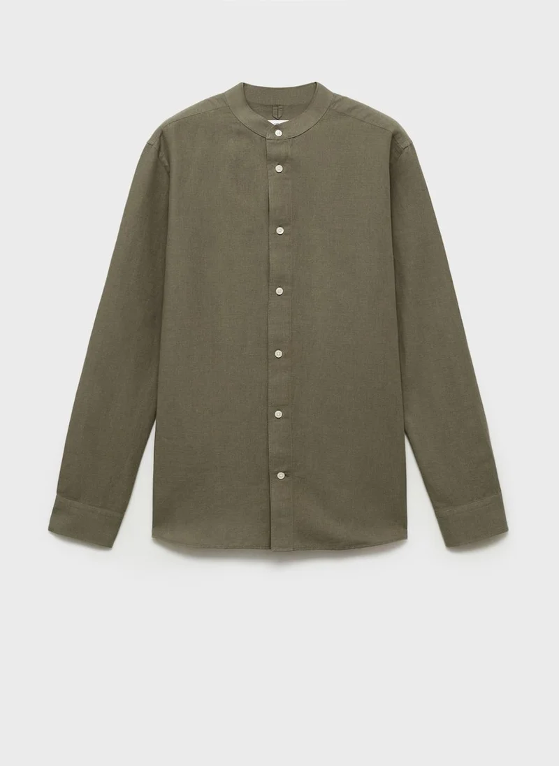 Mango Man Casual Mao Collar Linen Shirt