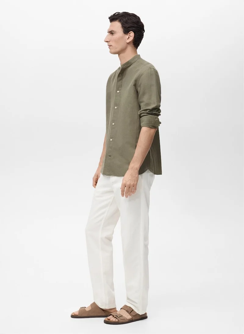 Mango Man Casual Mao Collar Linen Shirt