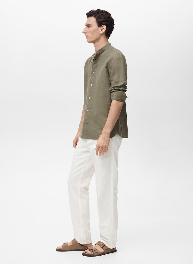 Mango Man Casual Mao Collar Linen Shirt  - Image 3