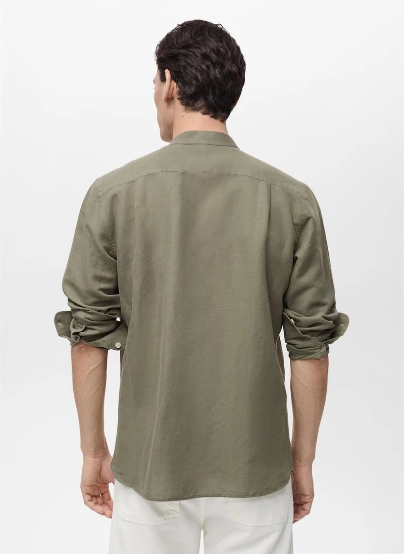 مانجو مان Casual Mao Collar Linen Shirt