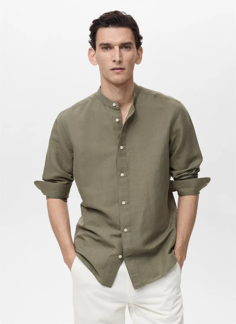 Mango Man Casual Mao Collar Linen Shirt