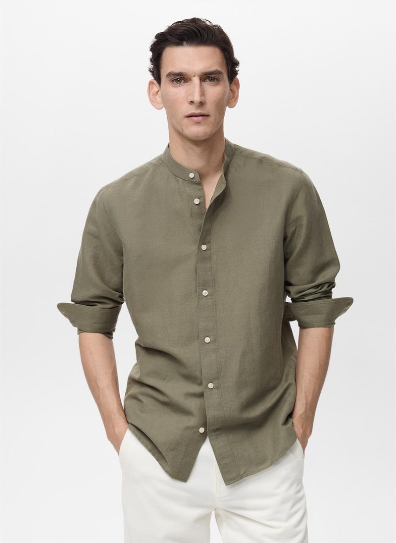 Mango Man Casual Mao Collar Linen Shirt  - Image 1