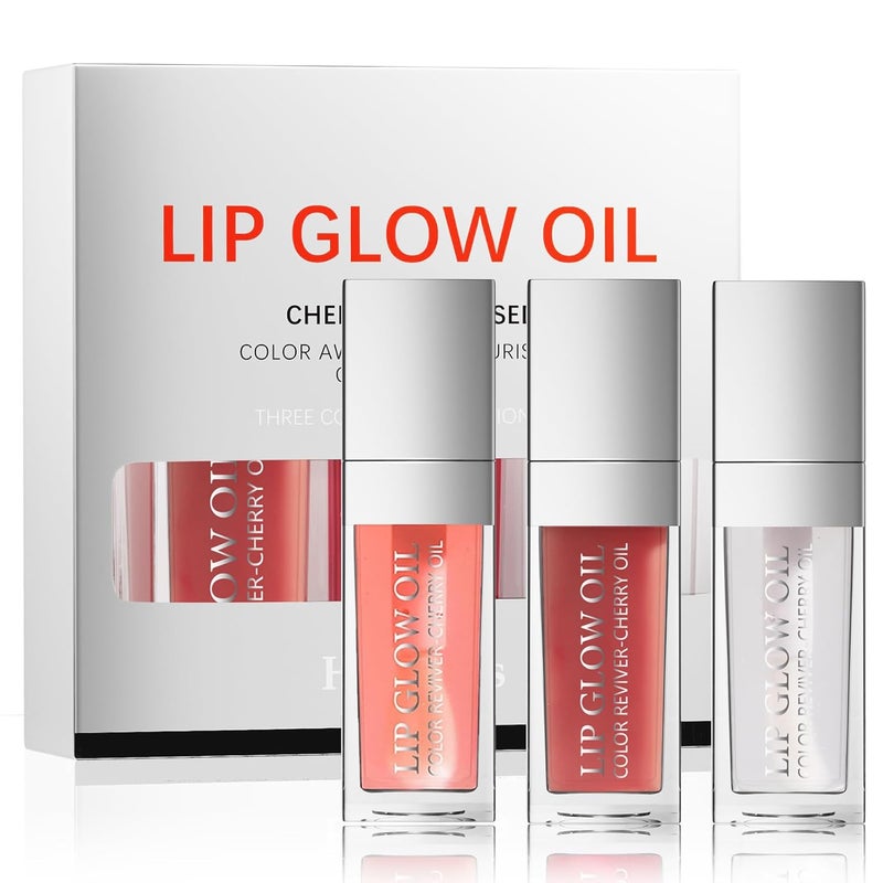 Loobexery 3 Color Plumping Lip Oil 3IN1 Hydrating Lip Gloss Tinted Lip Balm Transparent Toot Lip Oil Big Brush Head Glitter Shine Long Lasting Moisturizing Lip Glow Oil Nourishing Nonsticky B