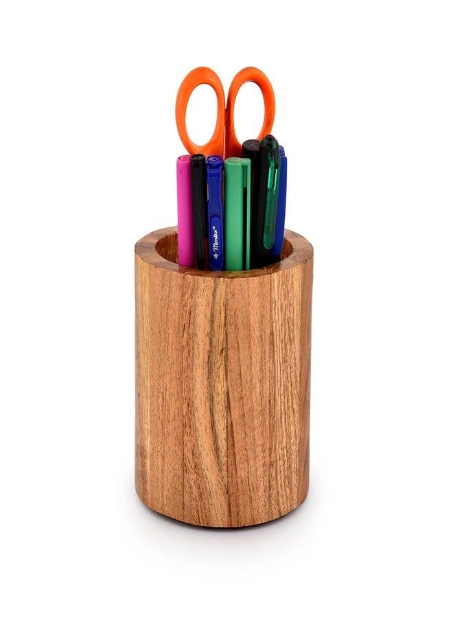 NIRMAN Acacia Wood Pencil/Pen Holder for desk, Round Desktop Organizer for Desk Multi Purpose Use for Home School Office Supplies (4" x 4" x 4") - Image 1