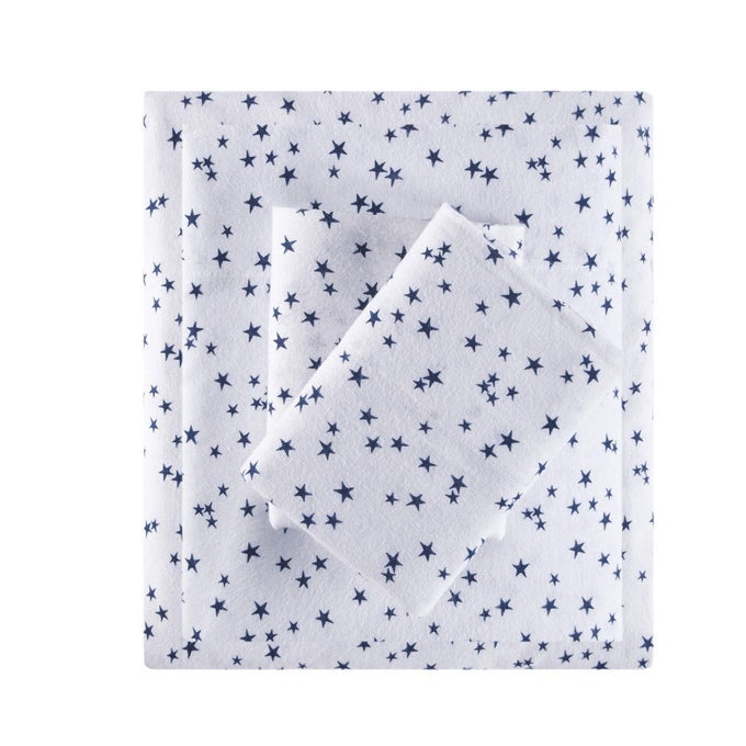 COZY SOFT 100 COTTON FLANNEL PRINT ANIMALS STARS CUTE WARM ULTRA SOFT COLD WEATHER SHEET SET BEDDING FULL BLUE STARS 4 PIECE
