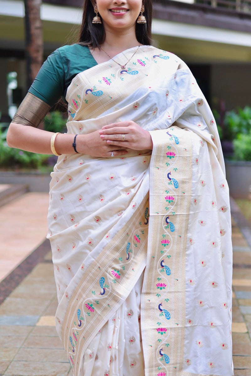 AMIRAT Women's Paithani Jacquard Silk Saree with Unstitched Blouse Piece (Off White) - Image 4