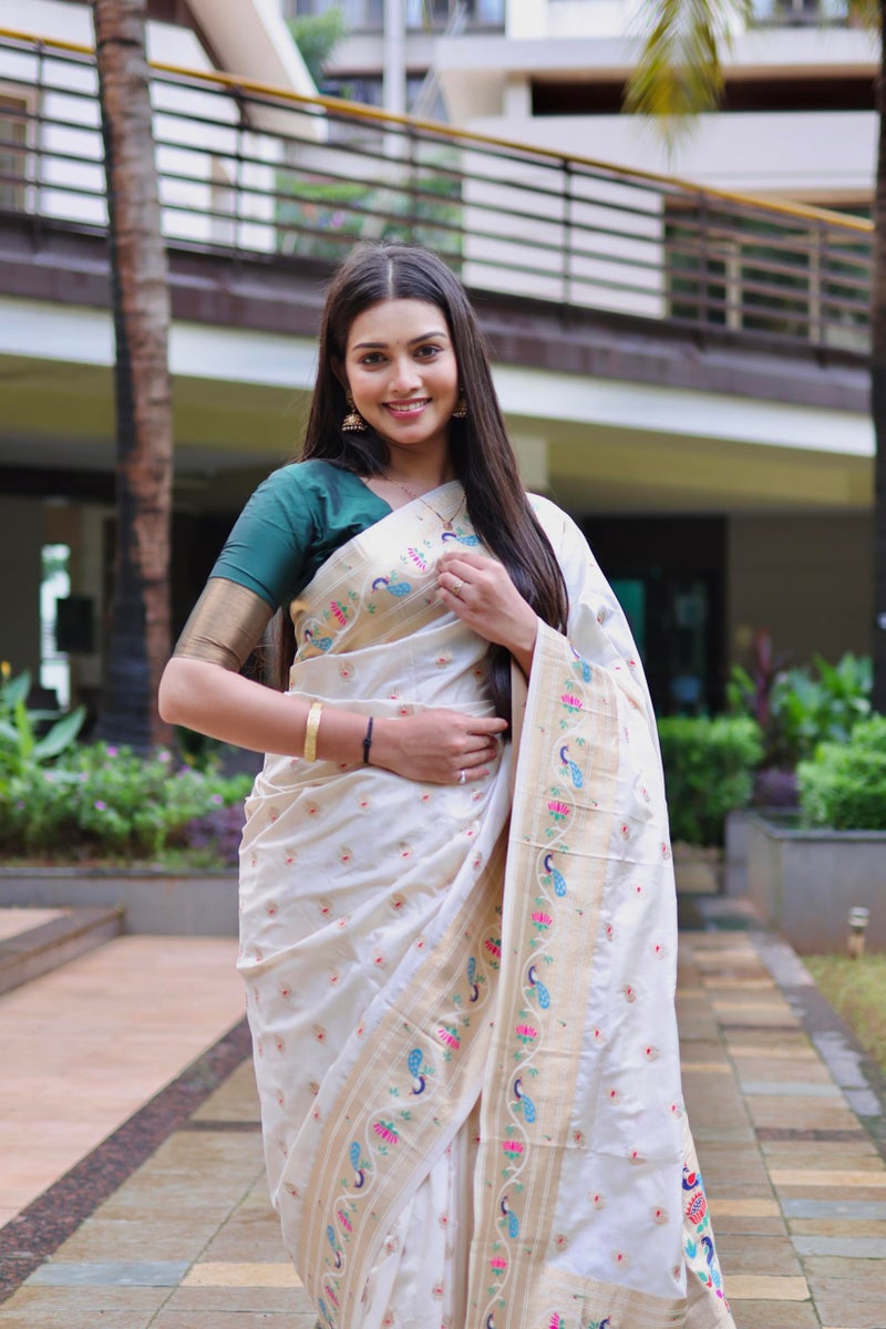 AMIRAT Women's Paithani Jacquard Silk Saree with Unstitched Blouse Piece (Off White) - Image 2