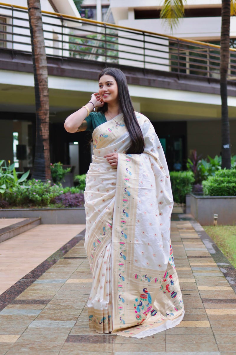 AMIRAT Women's Paithani Jacquard Silk Saree with Unstitched Blouse Piece (Off White) - Image 3