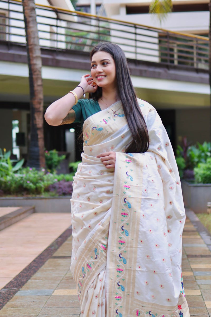 AMIRAT Women's Paithani Jacquard Silk Saree with Unstitched Blouse Piece (Off White) - Image 5