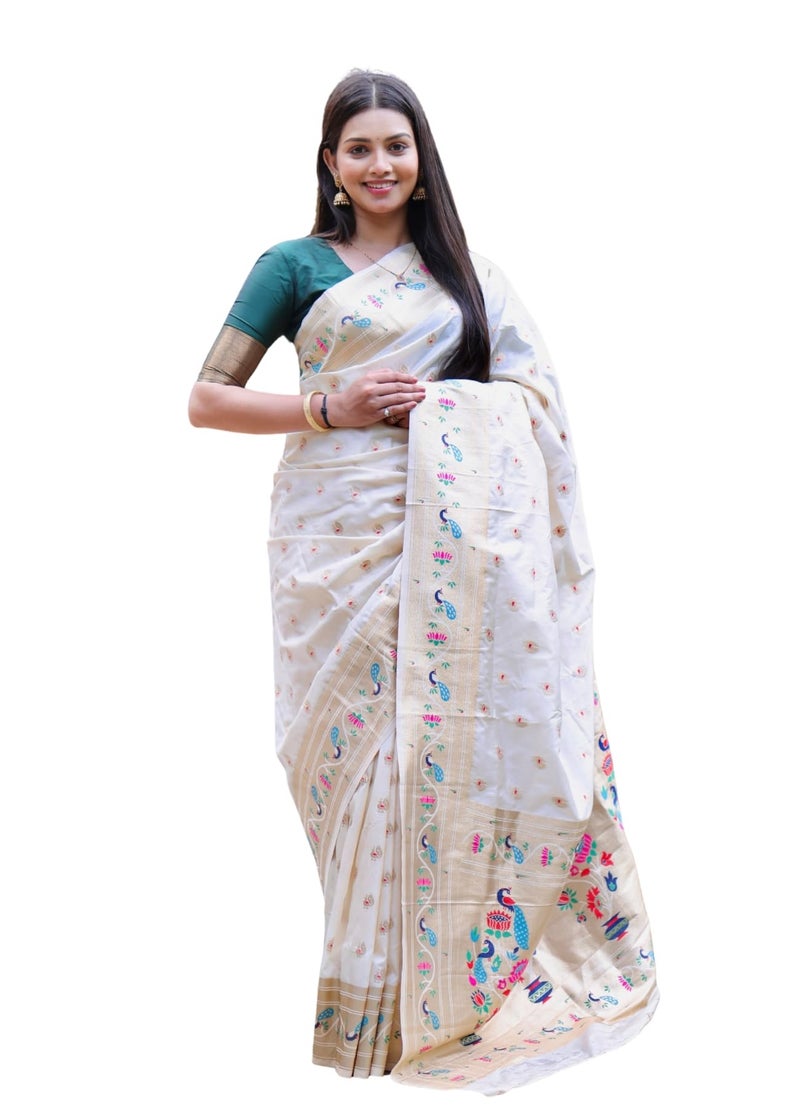 AMIRAT Women's Paithani Jacquard Silk Saree with Unstitched Blouse Piece (Off White) - Image 1
