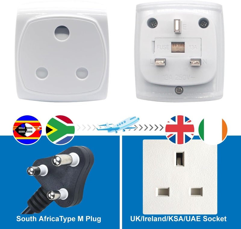 GOMMLE South Africa 3-pin Large Plug Type M Adapter Convert to 3-pin UK Socket, BS 8546 Approved, Child Safety Protection Design, Flame Proof, 13A Fuse with Safety Shutter (White * 1 Piece) - Image 2