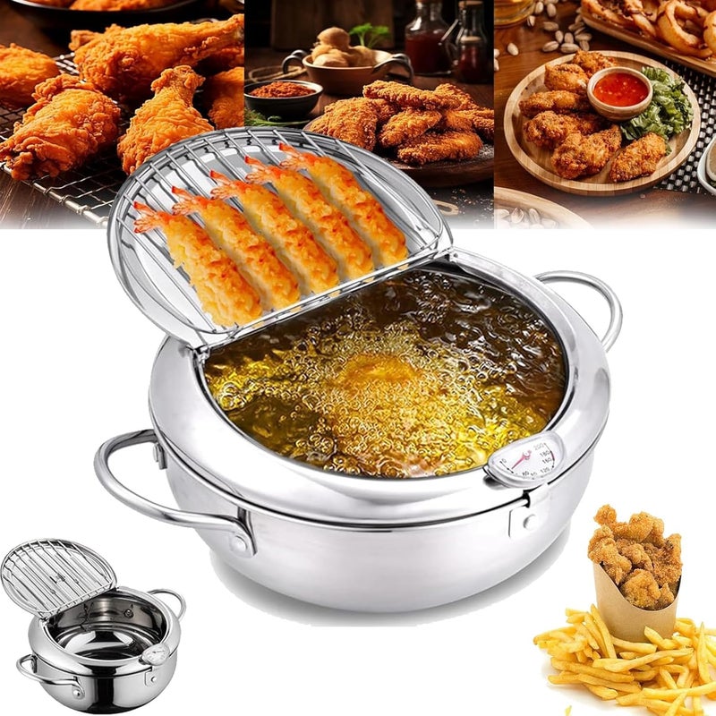Stainless Steel Deep Fryer with Temperature Control, 2-in-1 Cooking Pot with Frying Rack, for Tempura, Chicken, French Fries - Image 1