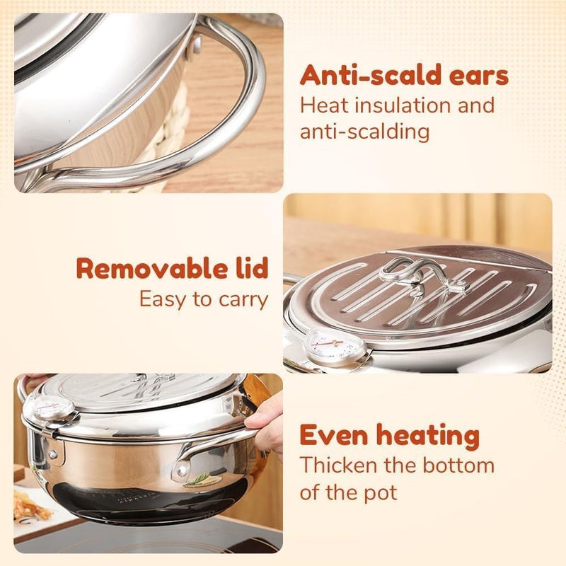 Stainless Steel Deep Fryer with Temperature Control, 2-in-1 Cooking Pot with Frying Rack, for Tempura, Chicken, French Fries - Image 3