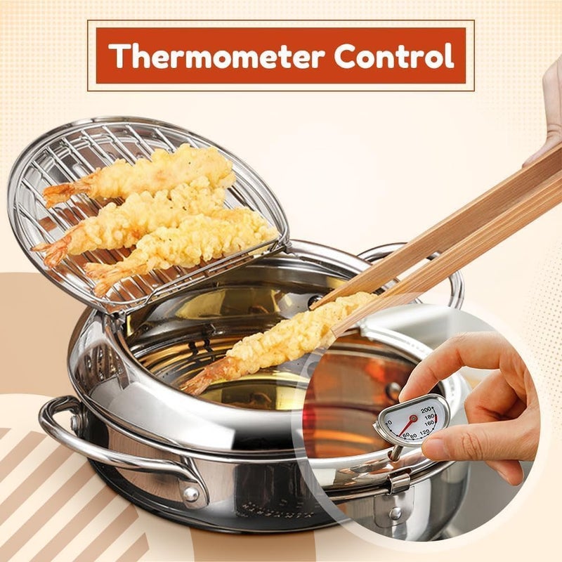 Stainless Steel Deep Fryer with Temperature Control, 2-in-1 Cooking Pot with Frying Rack, for Tempura, Chicken, French Fries - Image 2