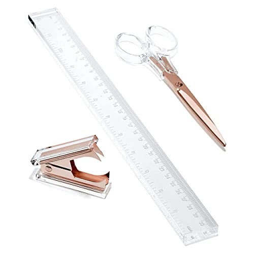 OfficeGoods 3 Piece Acrylic Desk Set - Includes Ruler, Staple Remover, Scissors - Functional & Elegant Desk Accessories - Stationery Tools for Home, Office, and School - Clear with Rose Gold Metal - Image 1