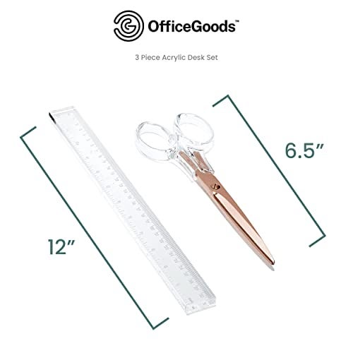 OfficeGoods 3 Piece Acrylic Desk Set - Includes Ruler, Staple Remover, Scissors - Functional & Elegant Desk Accessories - Stationery Tools for Home, Office, and School - Clear with Rose Gold Metal - Image 2
