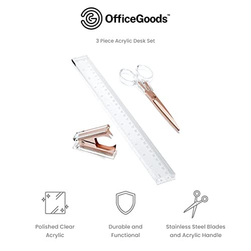 OfficeGoods 3 Piece Acrylic Desk Set - Includes Ruler, Staple Remover, Scissors - Functional & Elegant Desk Accessories - Stationery Tools for Home, Office, and School - Clear with Rose Gold Metal - Image 3