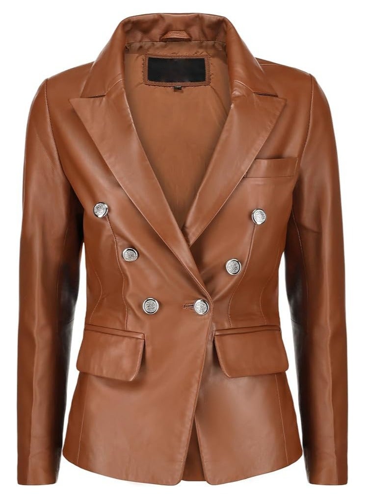 Women's Cognac Leather Blazer with Luxe Silver Buttons and Single-Button Closure  - Image 1