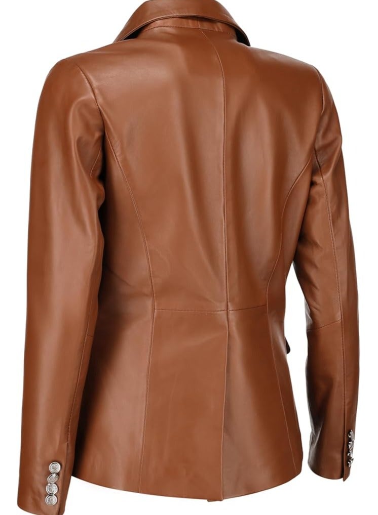Women's Cognac Leather Blazer with Luxe Silver Buttons and Single-Button Closure  - Image 3