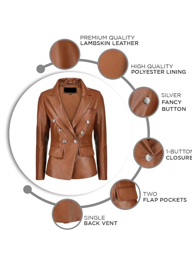 Women's Cognac Leather Blazer with Luxe Silver Buttons and Single-Button Closure  - Image 4