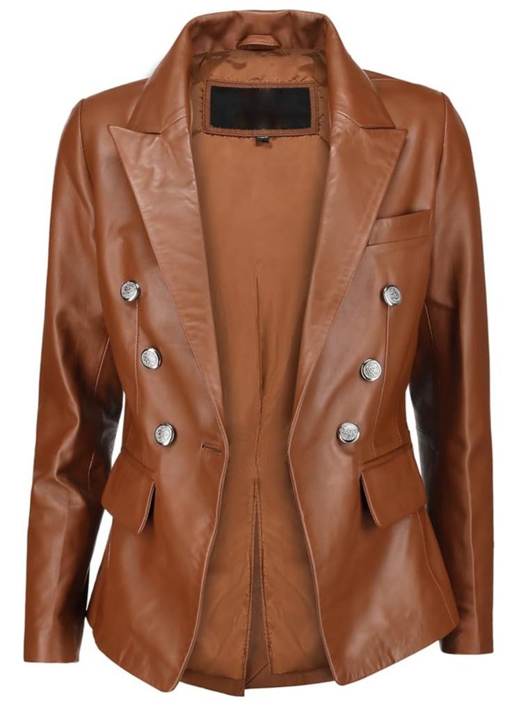 Women's Cognac Leather Blazer with Luxe Silver Buttons and Single-Button Closure  - Image 2
