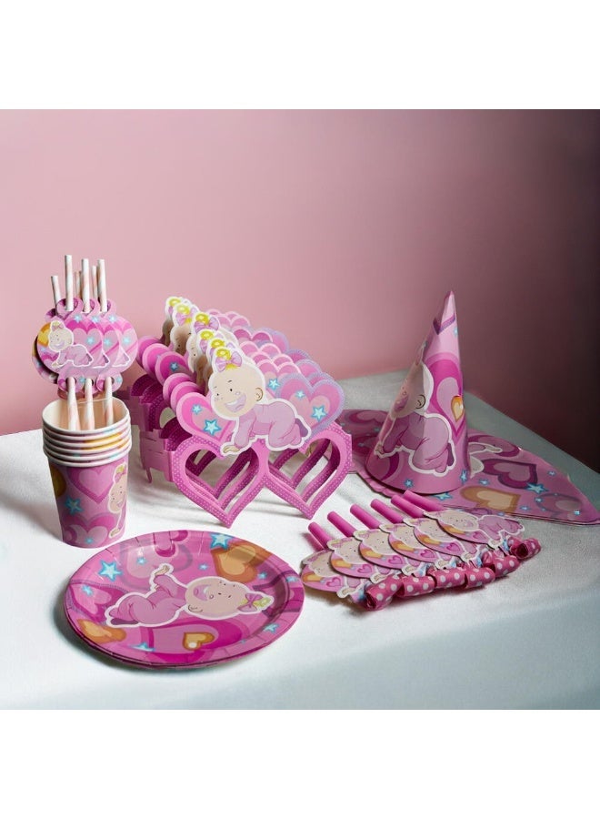 TOY GARDEN Baby Girl Birthday Party Supplies Set for 6 Kids – Pink Theme Party Decorations Kit with Plates, Cups, Caps, Straws, Whistles & Masks - Image 1