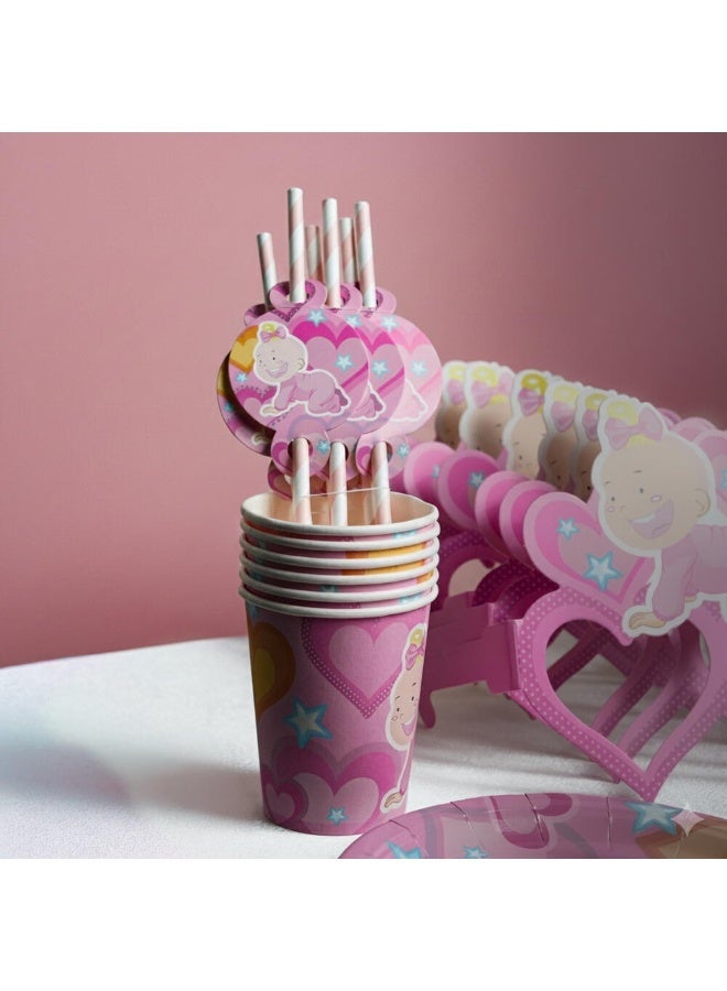 TOY GARDEN Baby Girl Birthday Party Supplies Set for 6 Kids – Pink Theme Party Decorations Kit with Plates, Cups, Caps, Straws, Whistles & Masks - Image 2