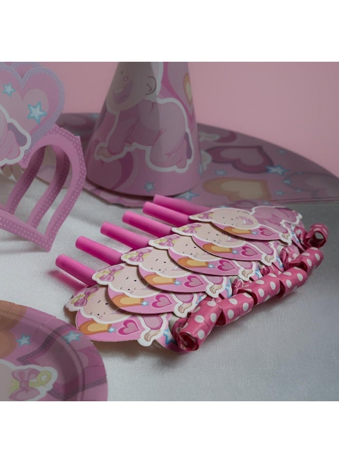 TOY GARDEN Baby Girl Birthday Party Supplies Set for 6 Kids – Pink Theme Party Decorations Kit with Plates, Cups, Caps, Straws, Whistles & Masks - Image 3