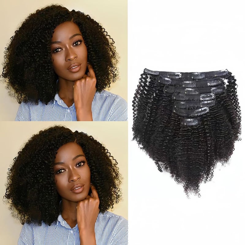 Caliee African American Afro Kinky Curly Clip ins Hair Extensions 1B Double Weft Top Grade Brazilian Virgin Black Hair 3C and 4A Big Thick 120 Gram 18 Inch