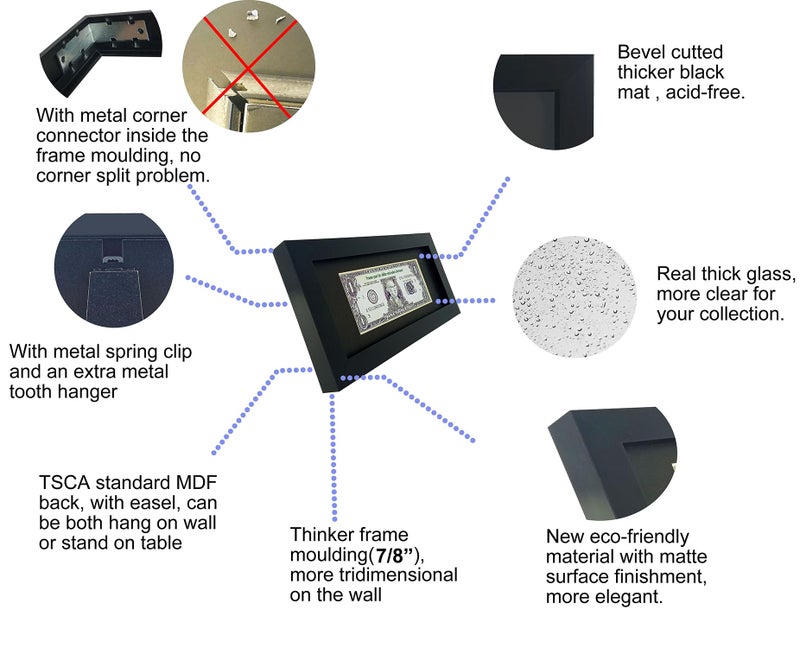 Gold Home 2 Pack Black First Dollar Bill Frame with Black Mat or 4x9 Business License Frame without Mat  Real Glass  Easel Stand and Wall Hanger Included - Image 3