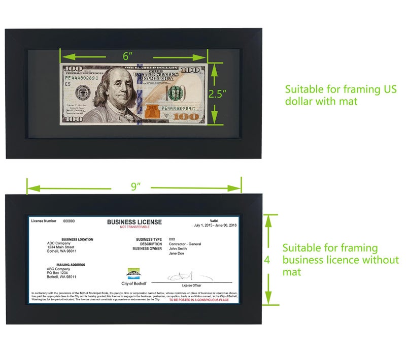 Gold Home 2 Pack Black First Dollar Bill Frame with Black Mat or 4x9 Business License Frame without Mat  Real Glass  Easel Stand and Wall Hanger Included - Image 2